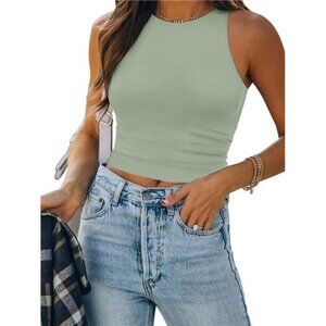 Womens Double Lined Crop Tank Tops Casual Basic Shirts Sleeveless Light Green